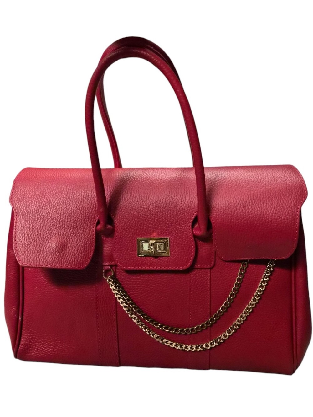 Massimo Castelli red textured leather handbag With Gold Chain